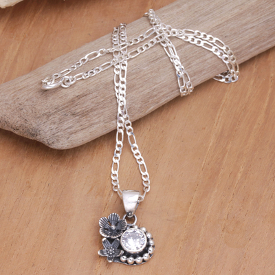 Cubic zirconia pendant necklace, 'Godly Flower' - Sterling Silver and Cubic Zirconia Floral Pendant Necklace