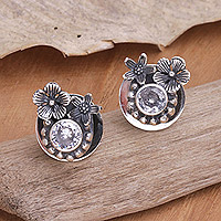 Cubic zirconia button earrings, 'Godly Flower' - Sterling Silver and Cubic Zirconia Floral Button Earrings