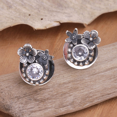 Cubic zirconia button earrings, 'Godly Flower' - Sterling Silver and Cubic Zirconia Floral Button Earrings