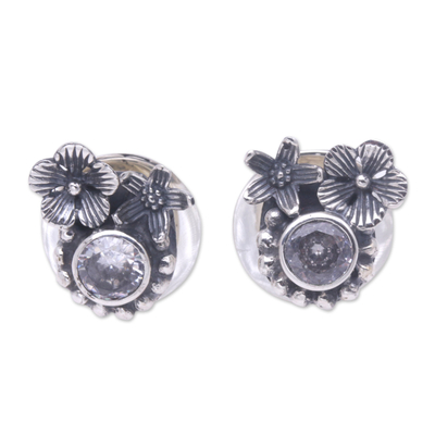 Aretes de botón con circonitas cúbicas - Aretes de botón floral de plata esterlina y circonitas cúbicas