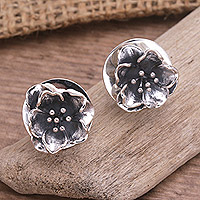Sterling silver button earrings, 'Floral Lineage' - Handmade Floral Sterling Silver Button Earrings from Bali