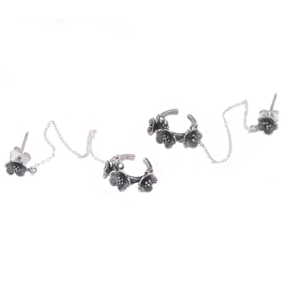 Sterling silver stud and cuff earrings, 'Pretty Floral' - Floral-shaped Sterling Silver Stud Earrings with Ear Cuffs