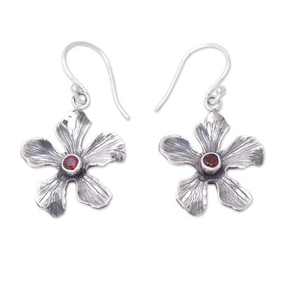 Garnet dangle earrings, 'Floral Antiquity of January' - Handmade Flower with Garnet Dangle Earrings from Bali