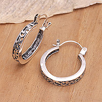 Sterling silver hoop earrings, 'Snazzy Girl' - Sterling Silver Hoop Earrings with Balinese Details
