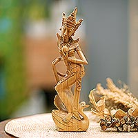 Wood sculpture, 'Sage Saraswati' - Hand-Carved Crocodile Wood Saraswati Sculpture from Bali
