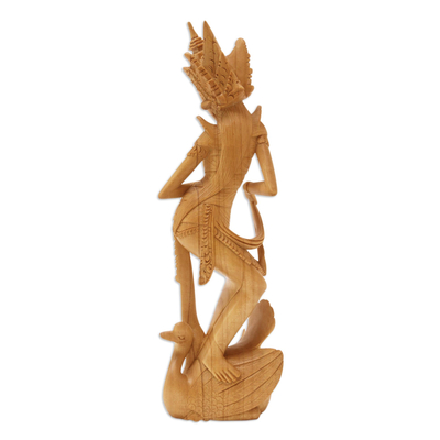 Holzskulptur – Handgeschnitzte Saraswati-Skulptur aus Krokodilholz aus Bali