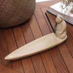 Wood incense holder, 'Meditating Feline' - Wood Incense Holder with Cat Hand-Carved in Bali