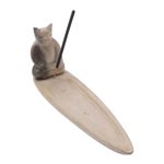 Wood incense holder, 'Meditating Feline' - Wood Incense Holder with Cat Hand-Carved in Bali