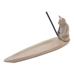 Wood incense holder, 'Meditating Feline' - Wood Incense Holder with Cat Hand-Carved in Bali