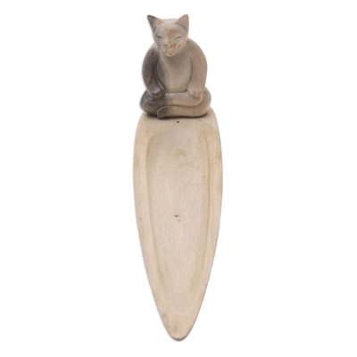 Wood incense holder, 'Meditating Feline' - Wood Incense Holder with Cat Hand-Carved in Bali