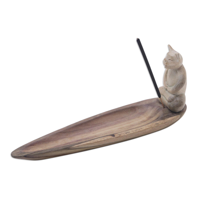 Räucherstäbchenhalter aus Holz - Räucherstäbchenhalter aus balinesischem Holz mit handgeschnitzter Katze