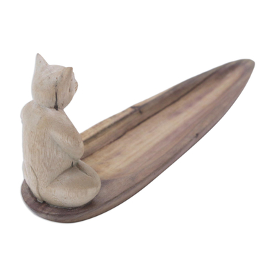 Räucherstäbchenhalter aus Holz - Räucherstäbchenhalter aus balinesischem Holz mit handgeschnitzter Katze