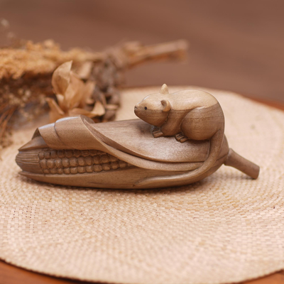 Escultura de madera - Escultura balinesa de madera de hibisco con ratón tallada a mano