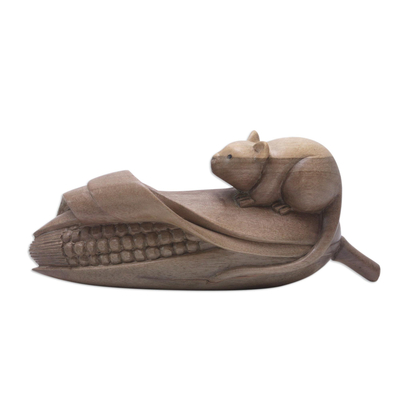 Wood sculpture, 'Harvesting Season' - Balinese Hibiscus Wood Sculpture with Hand-Carved Mouse