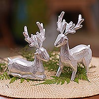 Wood figurines, 'Silver Reindeer' (pair) - Pair of Holiday Reindeer Wood Figurines Handcrafted in Bali
