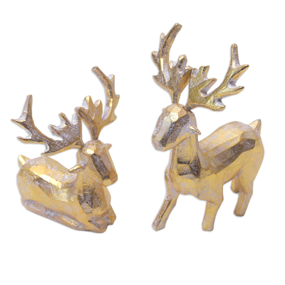 2 Golden Holiday Reindeer Wood Figurines Handmade in Bali