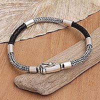 Men's sterling silver and leather bracelet, 'Duality of Light' - Silver and Leather Men's Bracelet Handcrafted in Bali