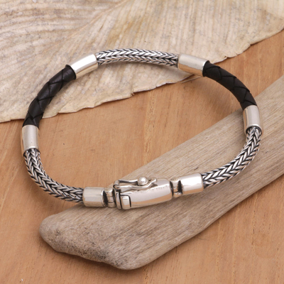 Men's sterling silver and leather bracelet, 'Duality of Light' - Silver and Leather Men's Bracelet Handcrafted in Bali