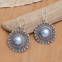 Cultured pearl dangle earrings, 'Salvation Light' - Blue Cultured Pearl Dangle Earrings with Floral Design
