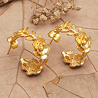 Gold-plated half-hoop earrings, 'Aura of the Golden Flower' - 22k Gold-Plated Half-Hoop Earrings with Floral Details