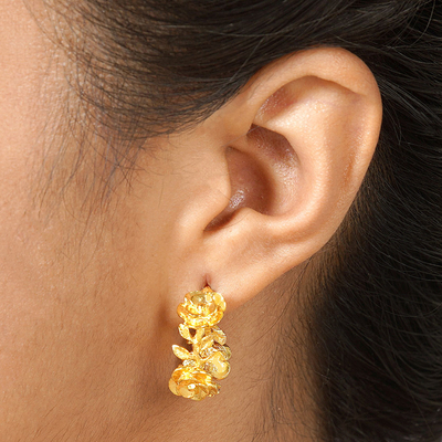 Gold-plated half-hoop earrings, 'Aura of the Golden Flower' - 22k Gold-Plated Half-Hoop Earrings with Floral Details