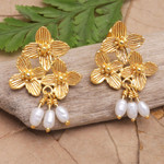Gold-plated cultured pearl dangle earrings, 'Blooming Trinity' - 22k Gold-Plated Dangle Earrings with Cultured Pearls