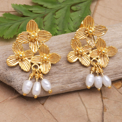Pendientes colgantes de perlas cultivadas chapadas en oro - Aretes colgantes chapados en oro de 22 k con perlas cultivadas