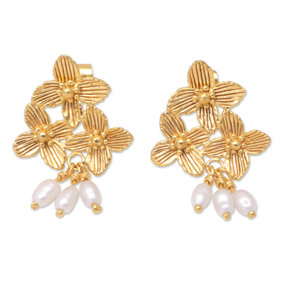 Gold-plated cultured pearl dangle earrings, 'Blooming Trinity' - 22k Gold-Plated Dangle Earrings with Cultured Pearls