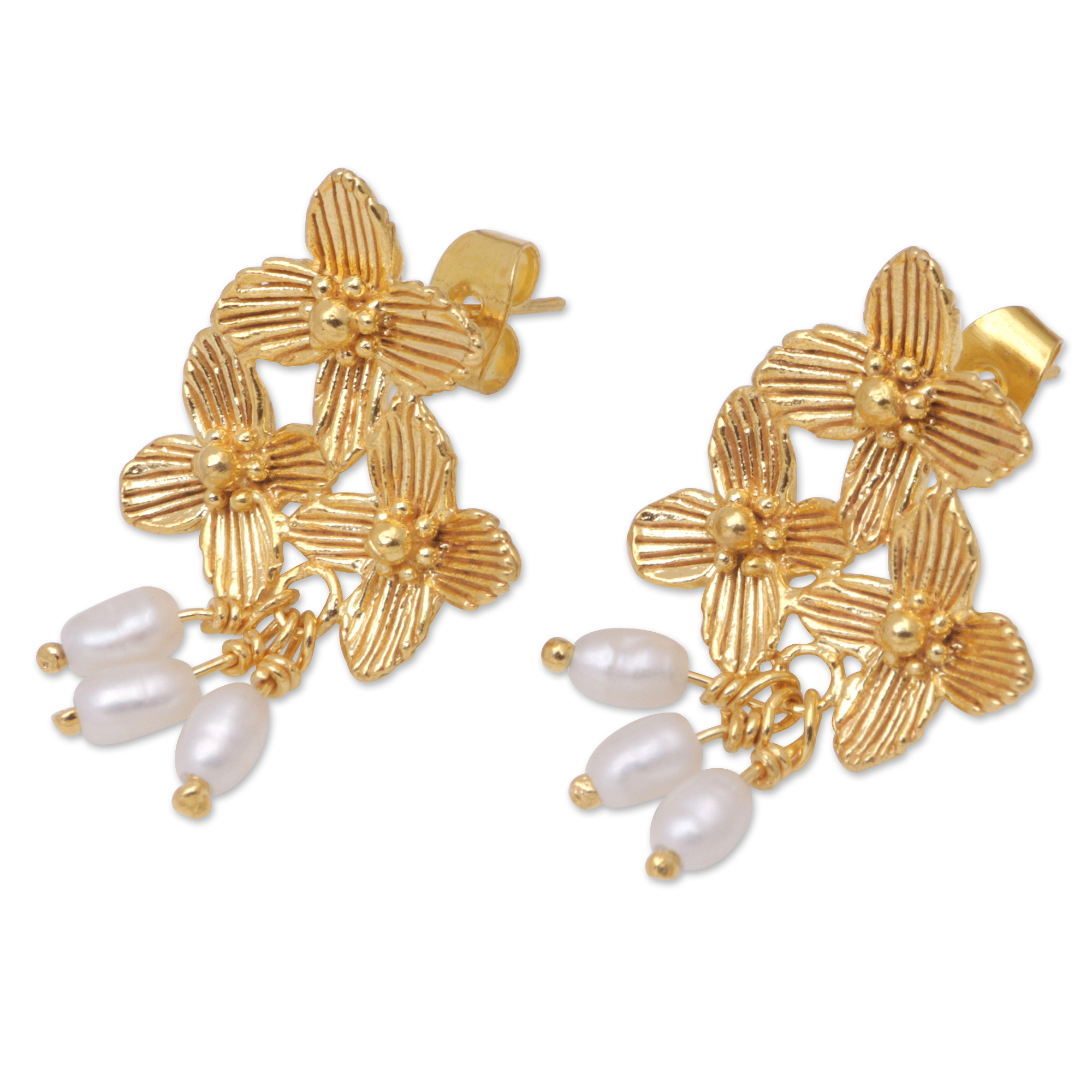 22k Gold-Plated Dangle Earrings with Cultured Pearls - Blooming Trinity ...