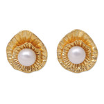 Gold-plated cultured pearl button earrings, 'Pearly Lotus' - 22k Gold-Plated Button Earrings with Cultured Pearls