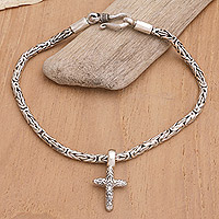Sterling silver charm bracelet, 'Cross the Line' - Balinese Handcrafted Bracelet with Cross Charm