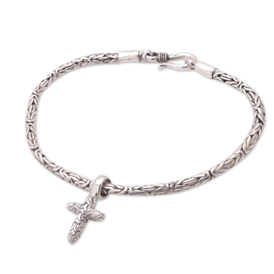 Sterling silver charm bracelet, 'Cross the Line' - Balinese Handcrafted Bracelet with Cross Charm