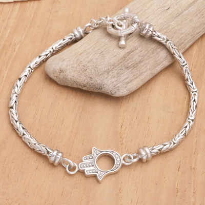 Sterling silver pendant bracelet, 'Sacred Hamsa Spirit' - Balinese Handcrafted Bracelet with Hamsa Pendant