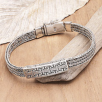 Men's sterling silver pendant bracelet, 'Masculine Canon' - Handcrafted Sterling Silver Men's Pendant Bracelet from Bali