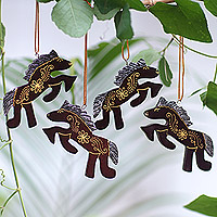 Wood ornaments, 'Little Horses' (Set of 4) - Set of 4 Handmade Mahogany Wood Horse Ornaments from Bali