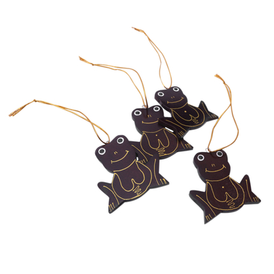 Wood ornaments, 'Merry Frogs' (Set of 4) - Set of 4 Handmade Mahogany Wood Frog Ornaments from Bali