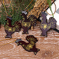 Mahogany wood ornaments, 'Lovely Hens' (set of 4) - Set of 4 Mahogany Wood Hand-Painted Hen Ornaments