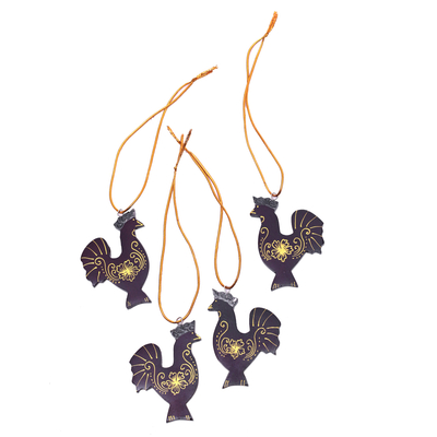 Adornos de madera de caoba, (juego de 4) - Juego de 4 adornos de gallina de madera de caoba pintados a mano