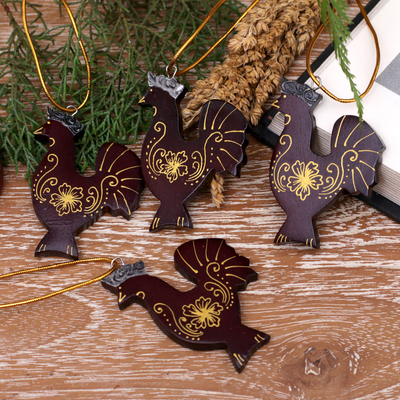 Mahogany wood ornaments, 'Lovely Hens' (set of 4) - Set of 4 Mahogany Wood Hand-Painted Hen Ornaments