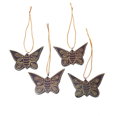 Wood ornaments, 'Charmed Butterflies' (Set of 4) - Set of 4 Mahogany Wood Butterfly Ornaments from Bali