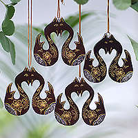Wood ornaments, 'Little Loving Swans' (Set of 4) - Set of 4 Mahogany Wood Swan Ornaments from Bali