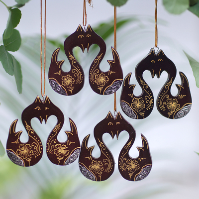 Wood ornaments, 'Little Loving Swans' (Set of 4) - Set of 4 Mahogany Wood Swan Ornaments from Bali