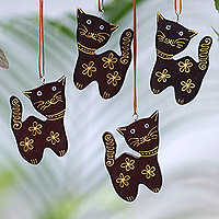 Wood ornaments, 'Sweet Felines' (Set of 4) - Set of 4 Mahogany Wood Cat Ornaments from Bali