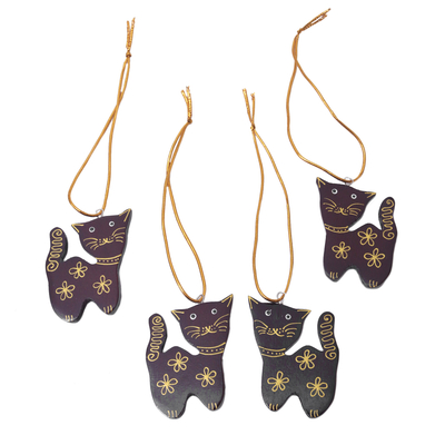 Set of 4 Mahogany Wood Cat Ornaments from Bali - Sweet Felines | NOVICA