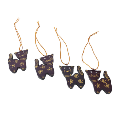Adornos de madera, (Juego de 4) - Juego de 4 adornos de gatos de madera de caoba de Bali