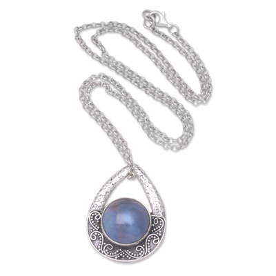 Cultured pearl pendant necklace, 'Pearly Drop' - Sterling Silver Pendant Necklace with Blue Cultured Pearl