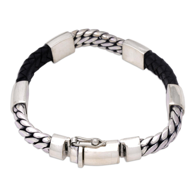 Men's leather-accented wristband bracelet, 'Futuristic Leader' - Sterling Silver and Leather Wristband Bracelet from Bali