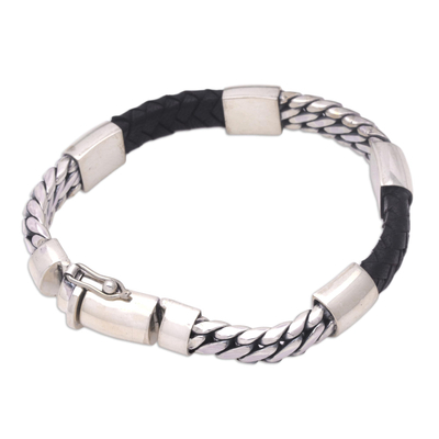 Men's leather-accented wristband bracelet, 'Futuristic Leader' - Sterling Silver and Leather Wristband Bracelet from Bali