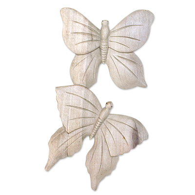 Balinese Hibiscus Wood Wall Art with Hand-Carved Butterflies