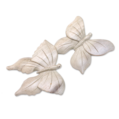 Wood wall art, 'Fly Butterfly' - Balinese Hibiscus Wood Wall Art with Hand-Carved Butterflies